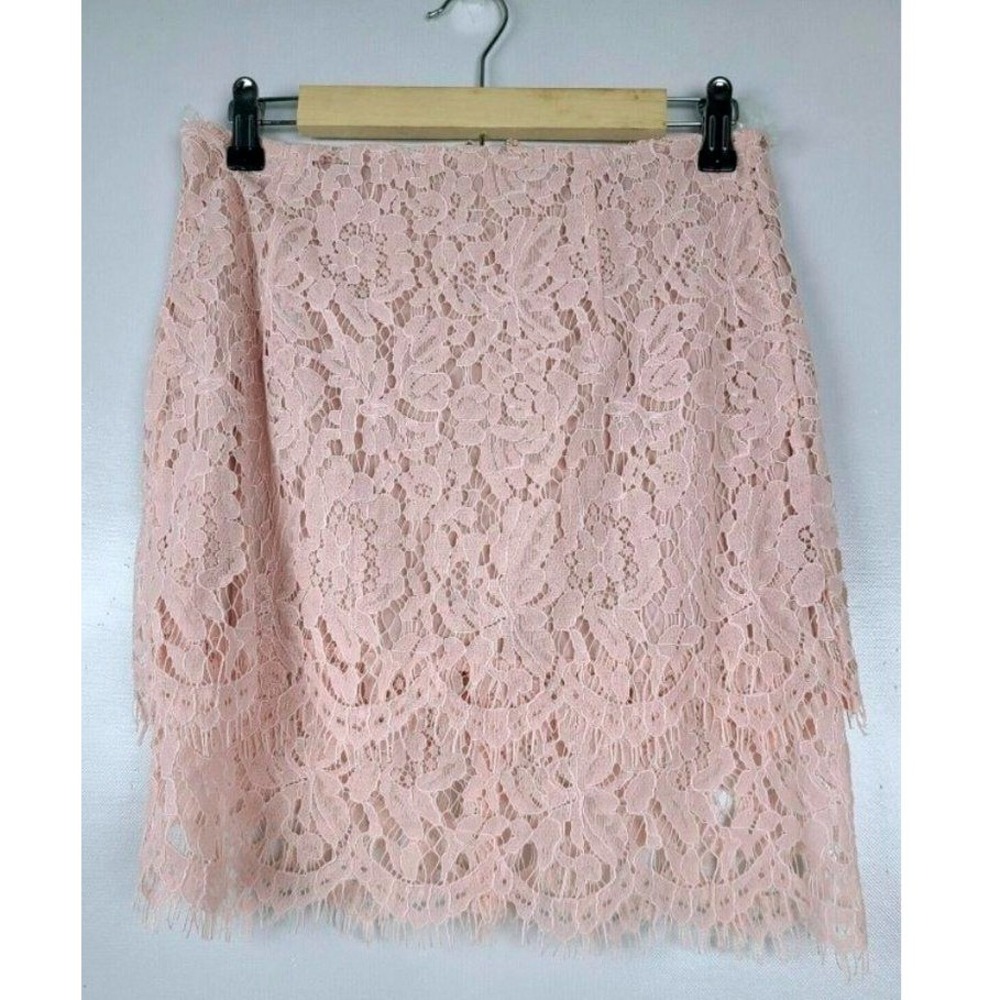Lulus Lace Mini Skirt Womens Medium Pink Floral Overlay Scalloped Eyelash Hem